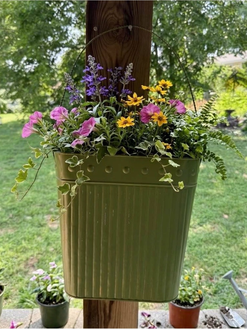 Vintage hanging aluminum planter basket in Olive Green